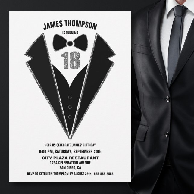 Black Silver Tuxedo 18:e Födelsedagsfesten Inbjudningar (Skapare uppladdad)