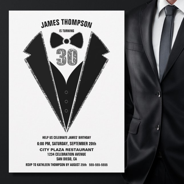 Black Silver Tuxedo 30års födelsedag Party Inbjudningar (Skapare uppladdad)