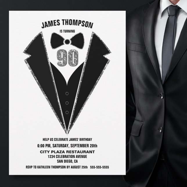 Black Silver Tuxedo 90:e Födelsedagsfest Inbjudningar (Skapare uppladdad)