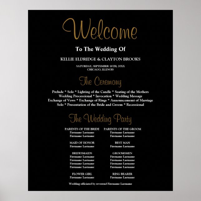 Black Simple Bröllop Ceremony Program Sign Poster (Framsidan)