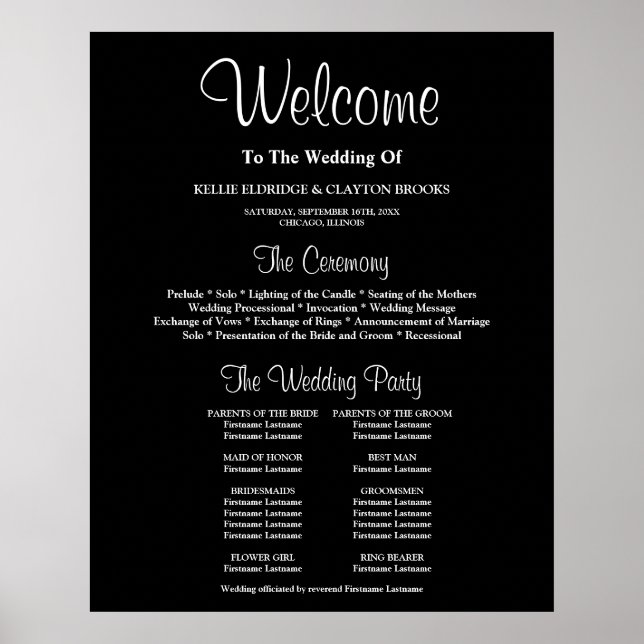 Black Simple Bröllop Ceremony Program Sign Poster (Framsidan)