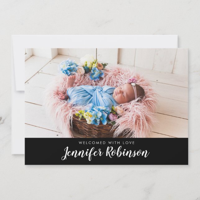 Black Simple Photo Newborn Baby Birth Notice Meddelande (Framsida)