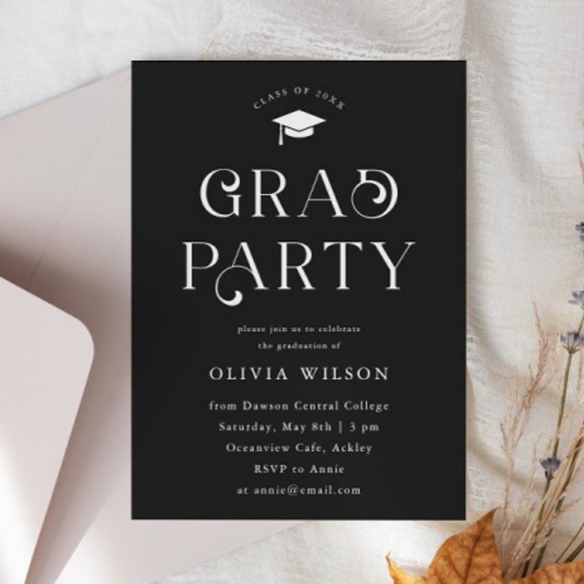 Black Simple Typography Grad Party Inbjudningar (Skapare uppladdad)