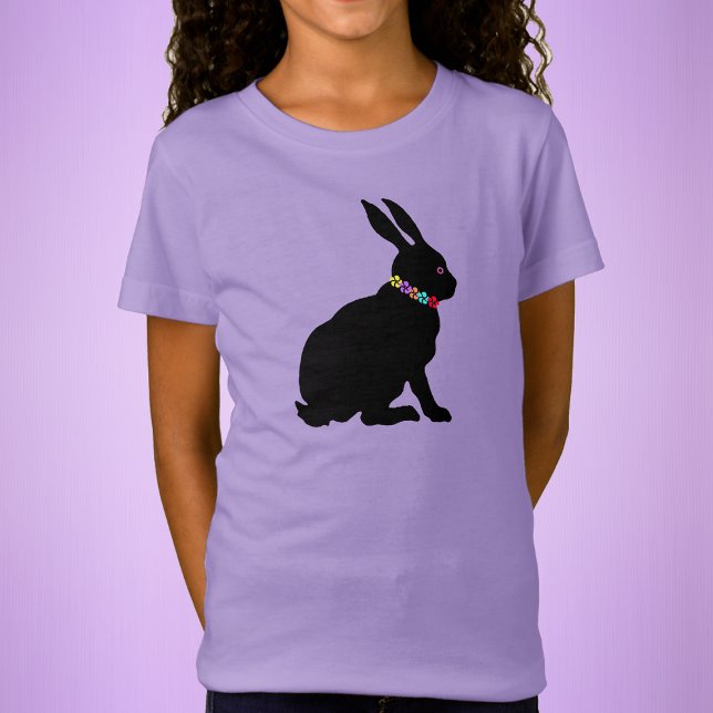 Black Sitta Bunny i Silhouette Form Flowers T Shirt (Sitting black bunny rabbit wearing flowers for Easter for Spring Time on kids purple tee shirt.)