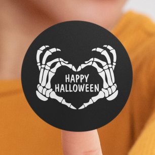 Black Skeleton Heart Händer Happy halloween Runt Klistermärke