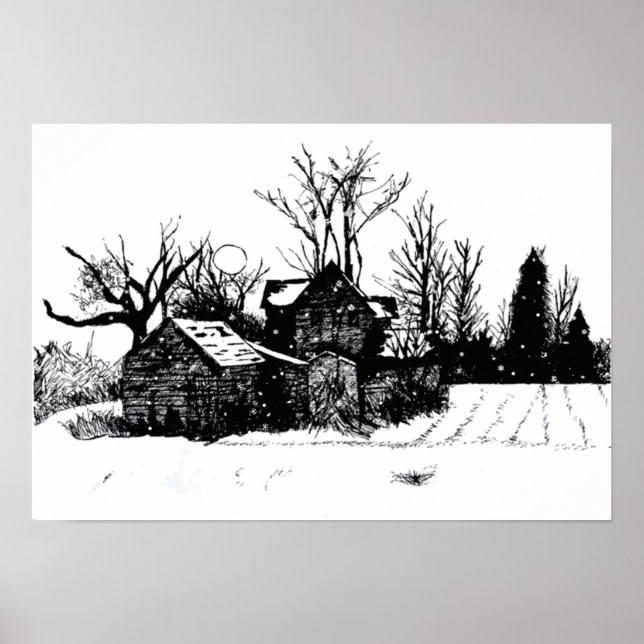 Bläck Sketch Gammal Farm Winter Scene Poster (Framsidan)