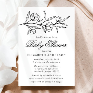 Black Sketched Blommigt Baby Shower Inbjudningar