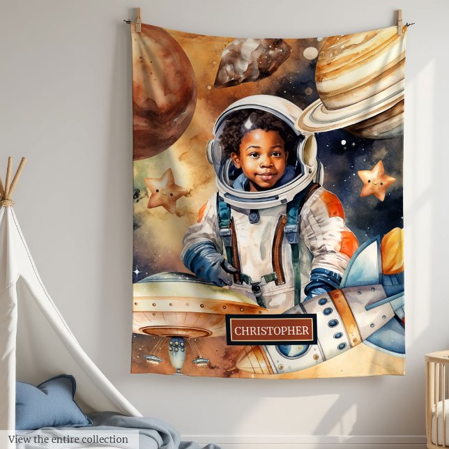 Black Skin Boy Astronaut Space Watercolor Stil Fleecefilt (Black Skin Boy Astronaut Space Watercolor Style Fleece Blanket)