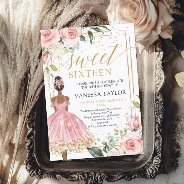 Black skin Princess rosa dress  blommigt guld Inbjudningar (Black skin Princess pink dress blush floral gold Invitation)