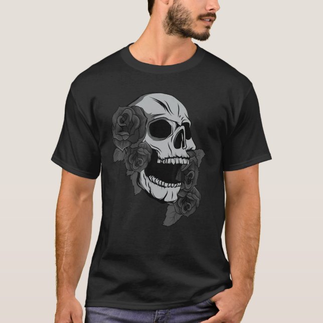 Black Skull Roses Dark Magic Viking Aesthetic Goth T Shirt (Framsida)