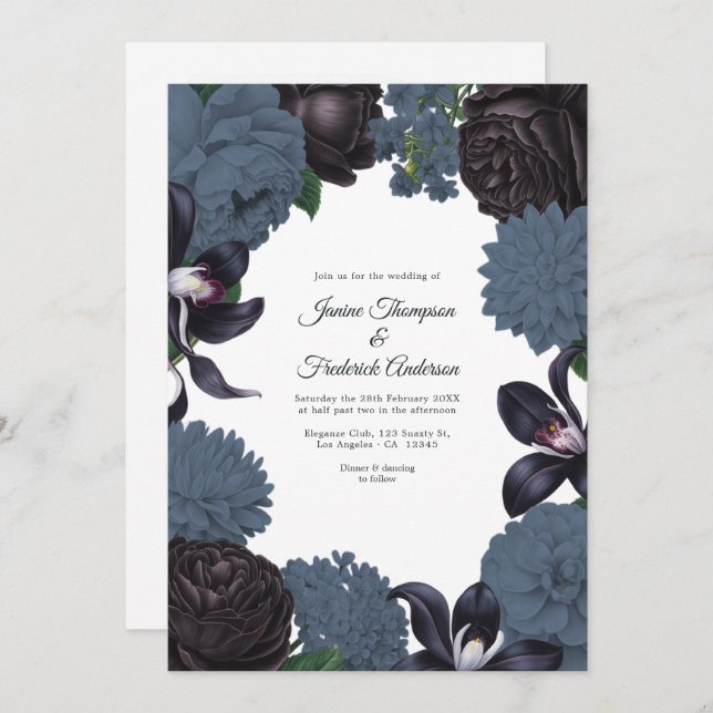 Black & Slate Photo/QR Code Floral Wedding Inbjudningar (Fram/baksida)