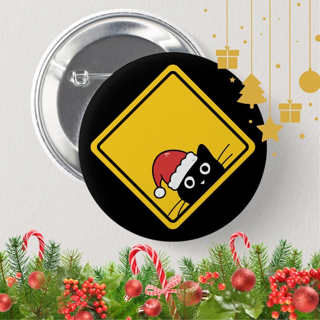 Black Sneaky Santa Cat U.S. Warning Sign Knapp (Skapare uppladdad)