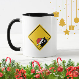 Black Sneaky Santa Cat U.S. Warning Sign Mugg