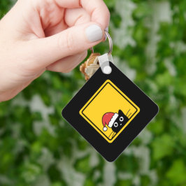 Black Sneaky Santa Cat U.S. Warning Sign Nyckelring
