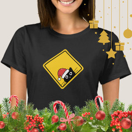 Black Sneaky Santa Cat U.S. Warning Sign T Shirt