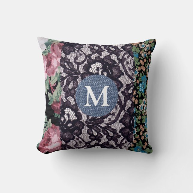 Black Snöre Blommigt Fabric Denim Monogram Kudde (Framsida)