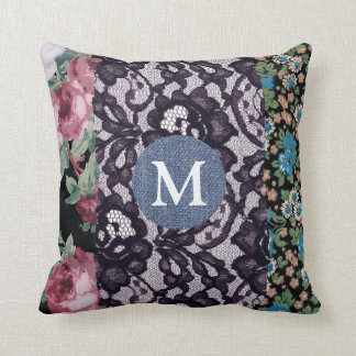 Black Snöre Blommigt Fabric Denim Monogram Kudde