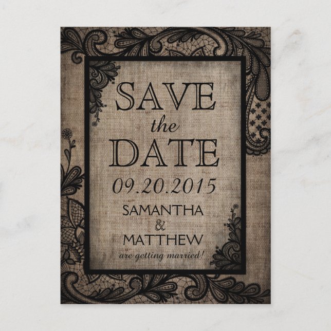 Black Snöre Burlap Modern Goth Save Date Meddelande Vykort (Framsida)
