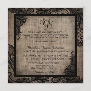 Black Snöre Burlap Modern Goth Wedding bjudande Inbjudningar