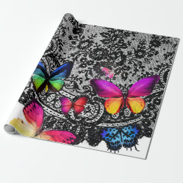 BLACK SNÖRE MÖNSTER MED BUTTERFLIES Wrapping Pappe Presentpapper
