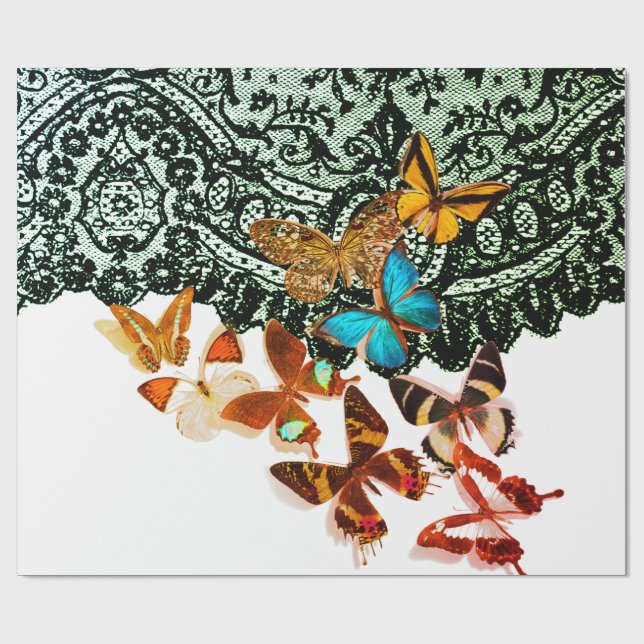 BLACK SNÖRE MÖNSTER MED BUTTERFLIES Wrapping Pappe Presentpapper (Platt)