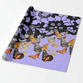 BLACK SNÖRE OCH BUTTERFLIES IN LILA GIFT WRAPPING PRESENTPAPPER