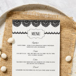 Black Snöre på White Personligt bröllp Menu Flygblad<br><div class="desc">Skapa en vacker meny för att fira din speciella dag. Dessa enkla små pappra lakan har söt, modern stil. Den här designen har mina svarta illustrationer i snöre som ställs in mot en vit bakgrund. På framsidan kan du anpassa kursen namn och livsmedelsbeskrivningar med din egen text. På motsatt sida...</div>