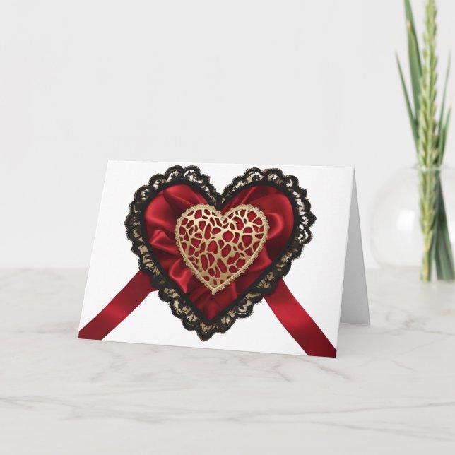 Black Snöre Red Solk Guld Valentine Day Heart Car Kort (Framsida)