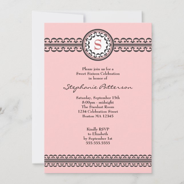 Black Snöre Rosa Monogram Sweet 16 inbjudningar (Framsida)