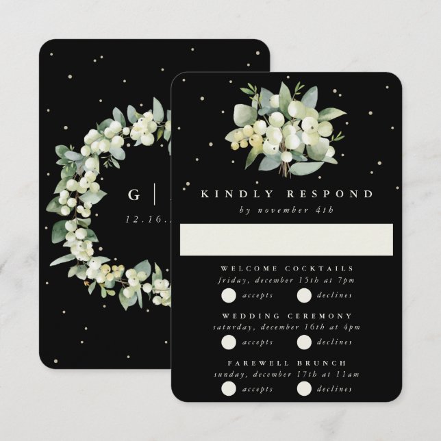 Black Snowberry+Eucalyptus Bröllop Multi-Event OSA Kort (Fram/baksida)