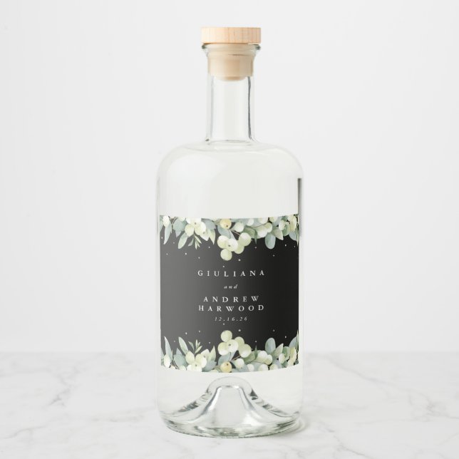Black Snowberry+Eucalyptus Winter Wedding Spritflaskor Etikett (Framsida)