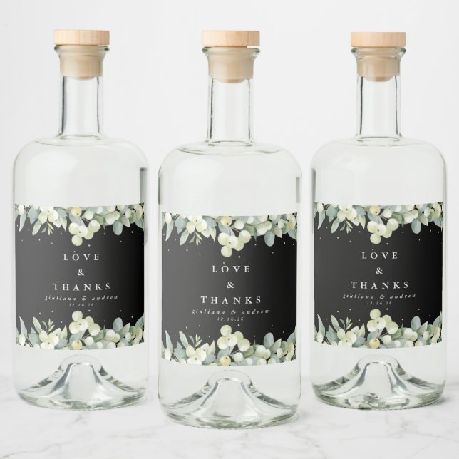 Black Snowberry+Eucalyptus Winter Wedding Spritflaskor Etikett (Flaskor)