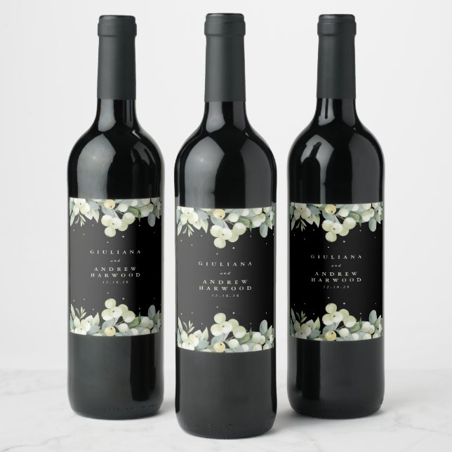 Black Snowberry+Eucalyptus Winter Wedding Vinflaska Etikett (Flaskor)