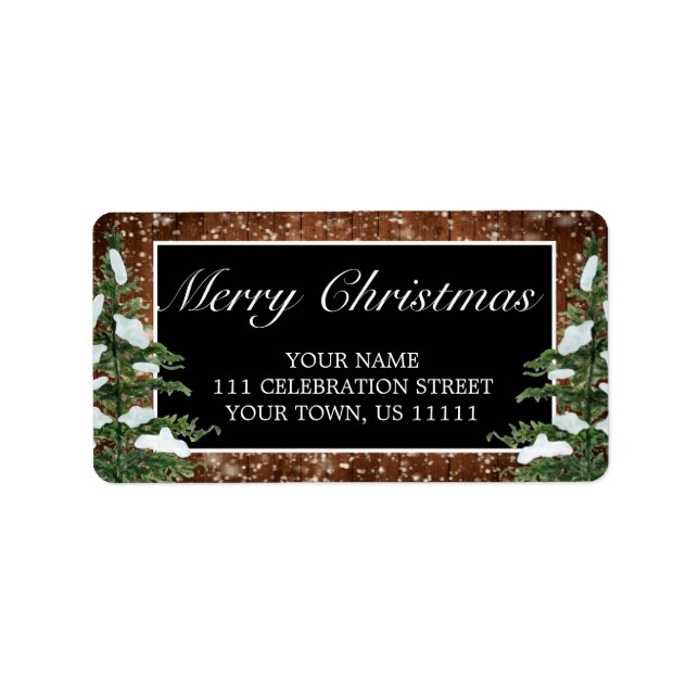 Black Snowy Wood & Forest God jul Adress Adressetikett (Framsidan)