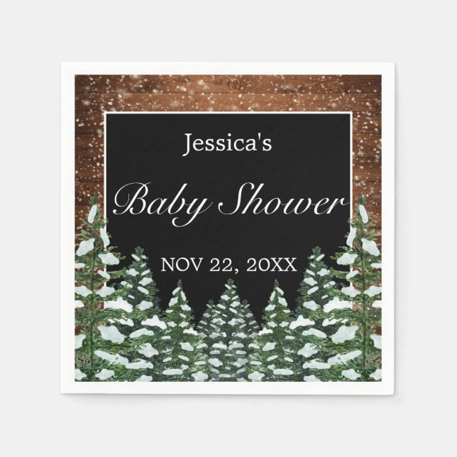 Black Snowy Wood & Forest Gräs Baby Shower Pappersservett (Framsidan)