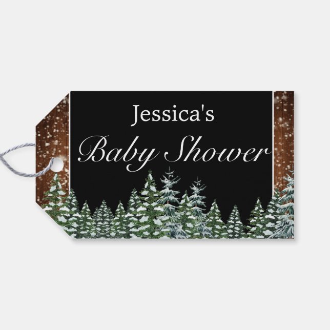 Black Snowy Wood & Forest Gräs Baby Shower Presentetikett (Baksidan (Horisontell))