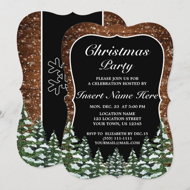 Black Snowy Wood Forest Gräs God jul Party Inbjudningar (Fram/baksida)