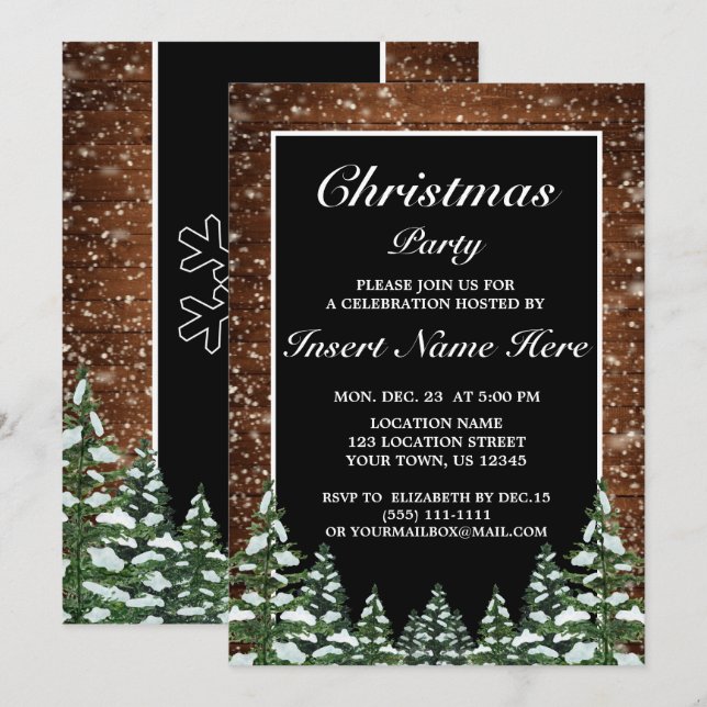 Black Snowy Wood & Forest Gräs jul Party Inbjudningar (Fram/baksida)
