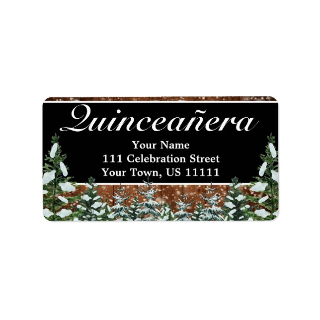 Black Snowy Wood & Forest Gräs Quinceañera Adress Adressetikett (Framsidan)