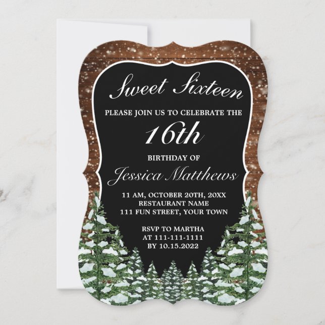 Black Snowy Wood & Forest Gräs Tiara Sweet 16 Inbjudningar (Framsida)
