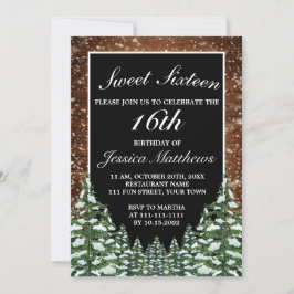 Black Snowy Wood & Forest Gräs Tiara Sweet 16 Inbjudningar