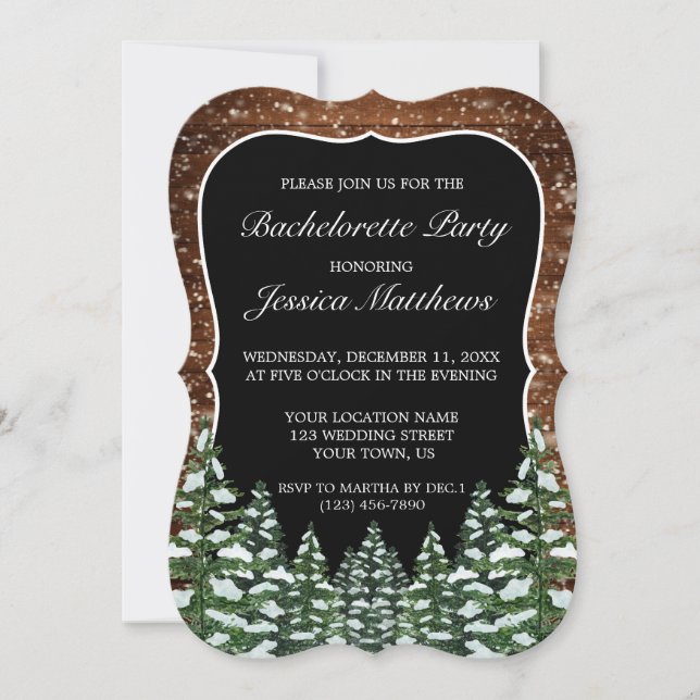 Black Snowy Wood Forest Land Bachelorette Party Inbjudningar (Framsida)