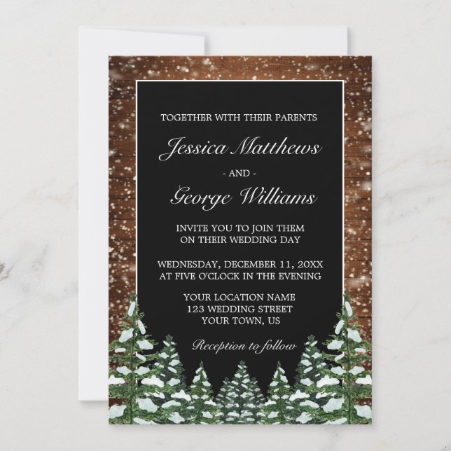 Black Snowy Wood & Forest Land Gräs Bröllop Inbjudningar (Framsida)