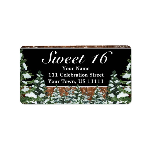 Black Snowy Wood & Forest Rural Sweet 16 Adress Adressetikett (Framsidan)