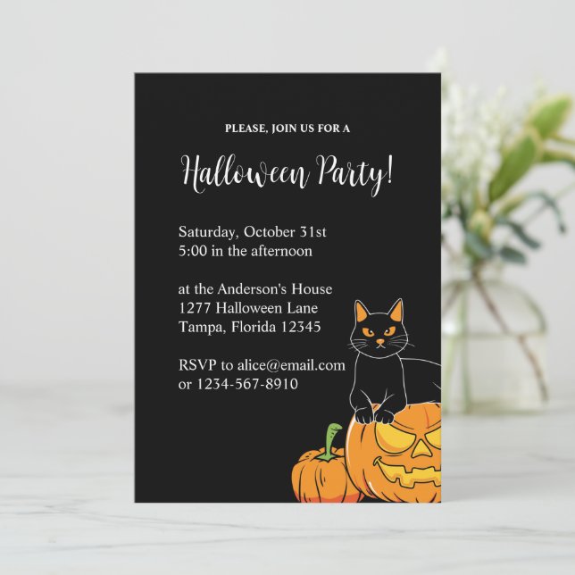 Black Snyggt Halloween fest Cat & Pumpkin Inbjudningar (Stående Fram)