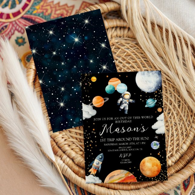 Black Space Astronaut Balloon Planets 1st Trip Inbjudningar (Skapare uppladdad)