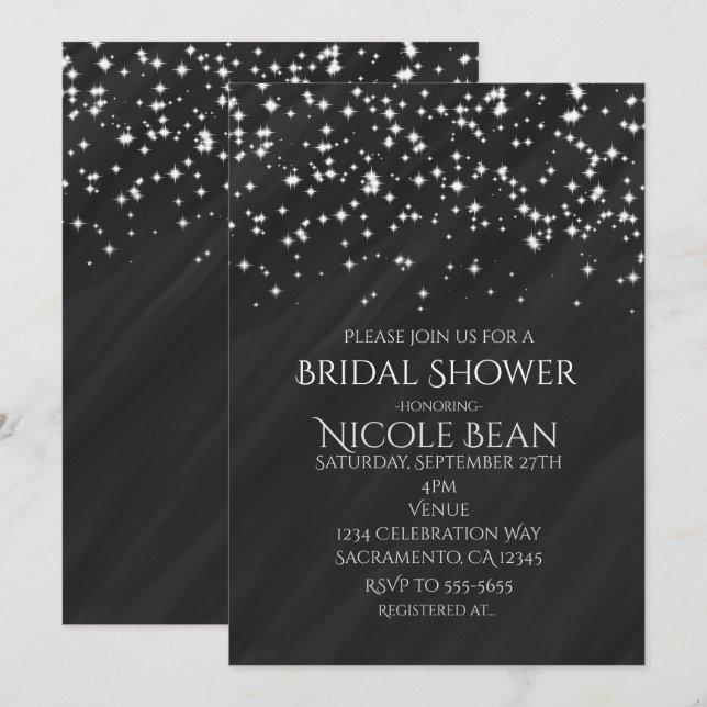 Black & Sparkle Stars Elegant Glamour Inbjudningar (Fram/baksida)