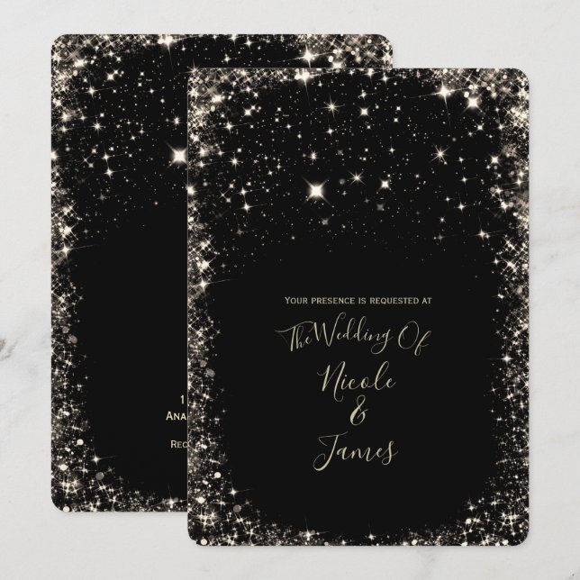 Black Sparkles Starry Night Himmel Elegant bröllop Inbjudningar (Fram/baksida)
