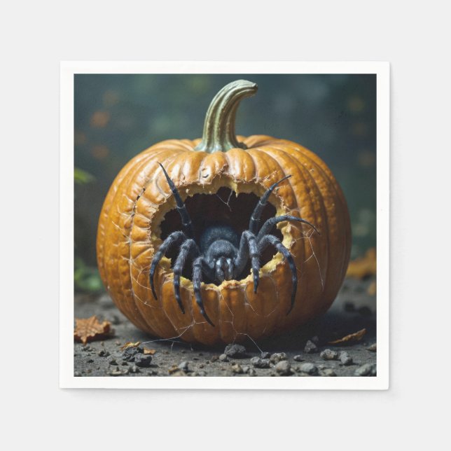 Black Spider Crawling ut ur en Pumpkin Pappersservett (Framsidan)