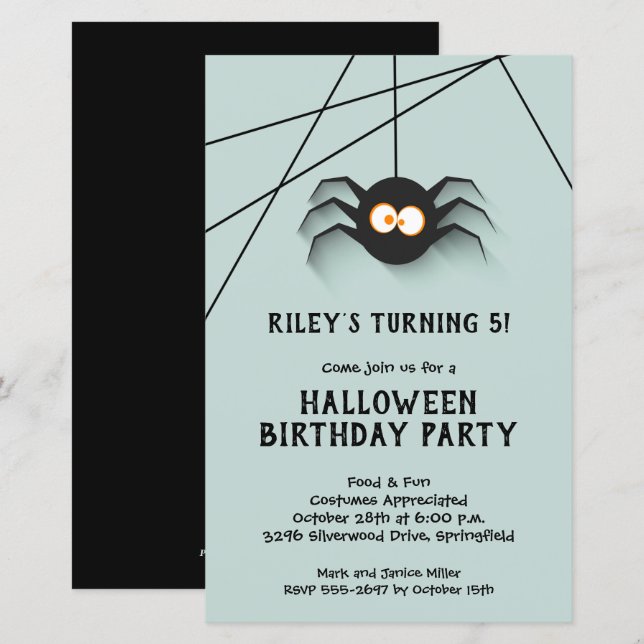 Black Spider Kids Halloween Birthday-inbjudningar (Fram/baksida)
